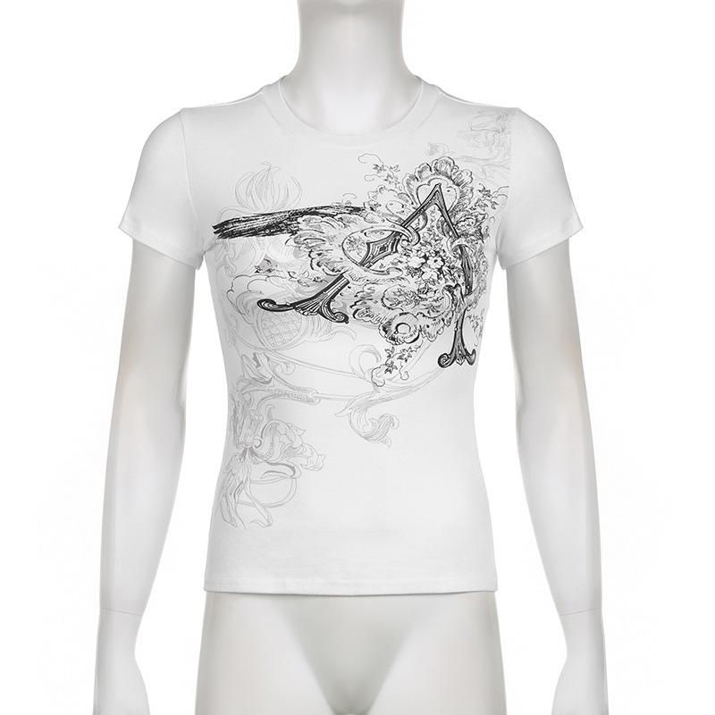KOSY Retro Graphic Crop Top White Short Sleeve O Neck Casual T Shirt for Women Y2k Aesthetic Vintage Basic Tees Ladies Clothes