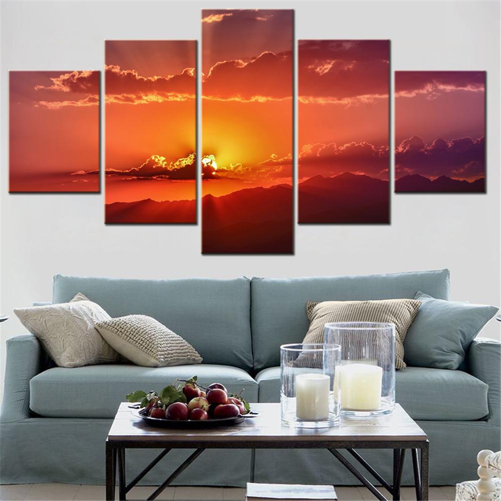 

5 Pieces Canvas Wall Ars Poster Painting Nature Golden Hour Dramatic Sky Wallpaper Home Decor Picture Printing Living Room Mural 20X35 20X45 20X55CM