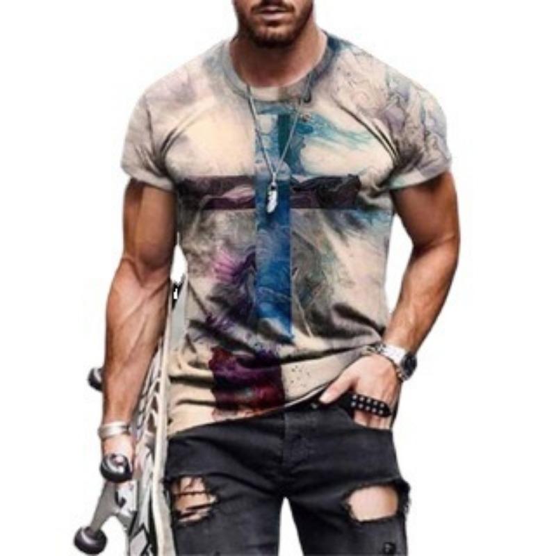 Men's T-shirt with Cross Print Round Neck Short Sleeved Street Fashion T-shirt