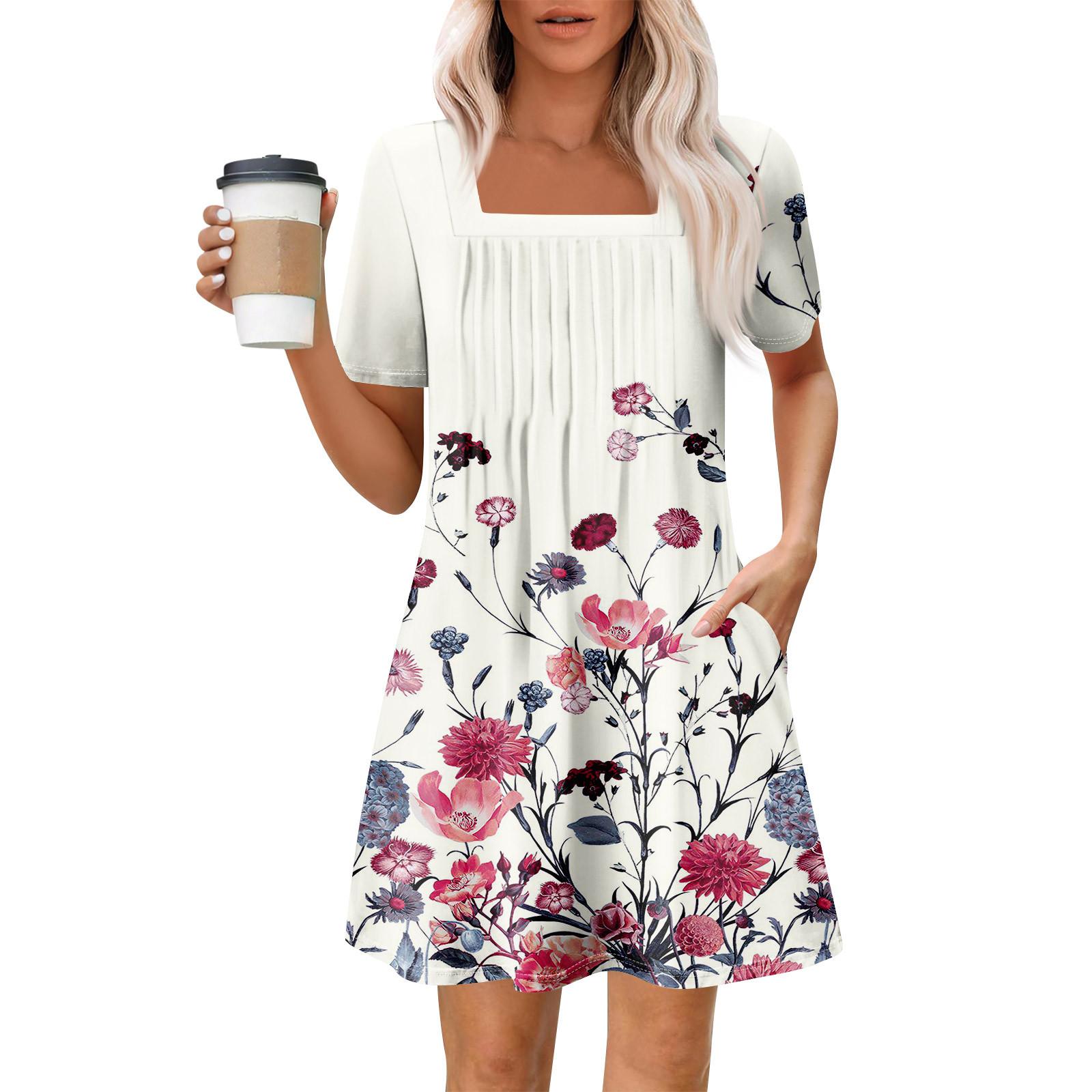 

Women s Summer Casual Square Neck Pleated Front With Pocket Printed Short Sleeve Dresses M бежевий