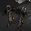 Silver Needle with Diamonds Fabric Bow Fringed Earrings Retro Fashion Temperament Earrings Light Luxury High-end Earrings
