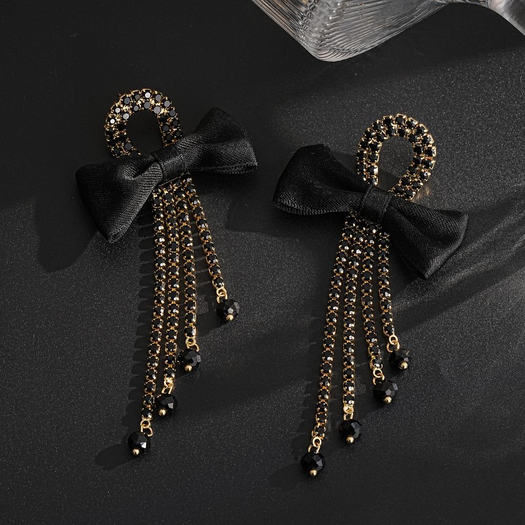 Silver Needle with Diamonds Fabric Bow Fringed Earrings Retro Fashion Temperament Earrings Light Luxury High-end Earrings