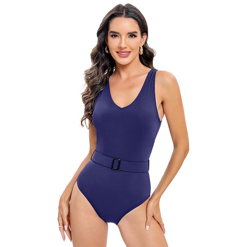 Women's Sexy Solid Color Belted Deep V Tummy Control One-Piece Swimsuit