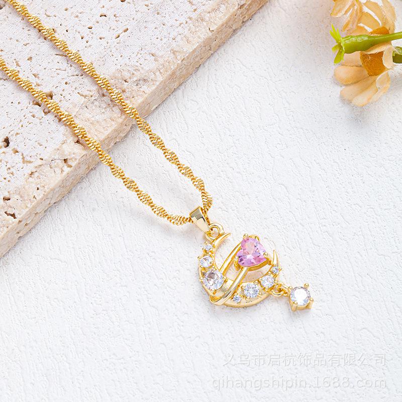 

Moon Love Necklace Women S Premium Sense Simple Versatile Inlaid Pink Zircon Pendant Accessories