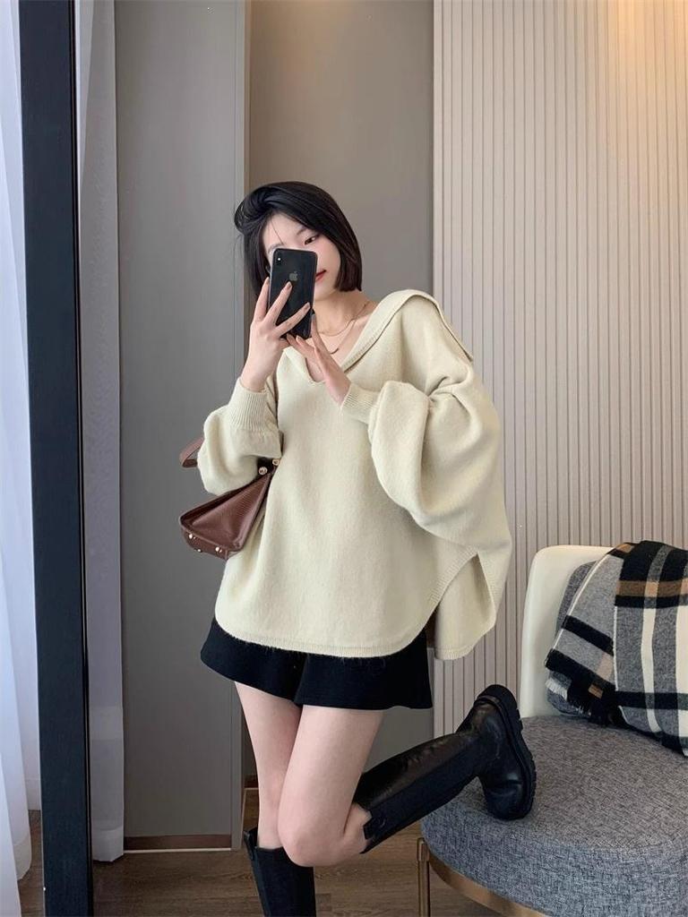 Women's Batwing Sailor Collar Pullover Sweater - Solid Color Knit Top for Autumn