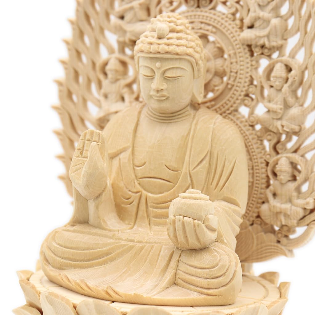 Special Buddhist Statue Yakushi Nyorai Seated Statue Inches Height 22 Width 10 Depth 10 Carved Cypress Wood Flying Celestial Halo Octagonal Base 6791