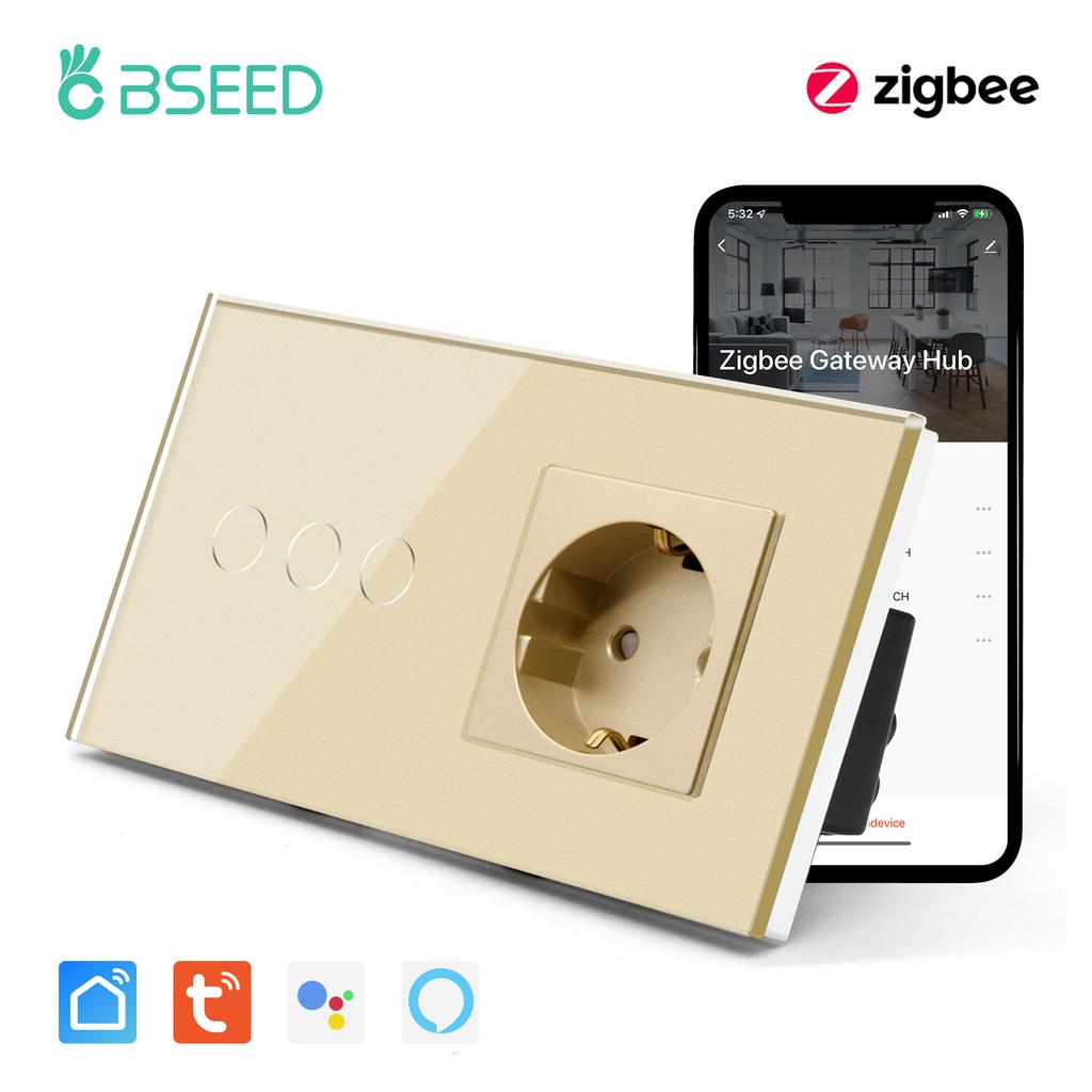 Bseed New Zigbee Single Live 1/2/3 Gang Touch Switch EU Standard With Normal Socket 4 Color Crystal Glass Panel Smart Home