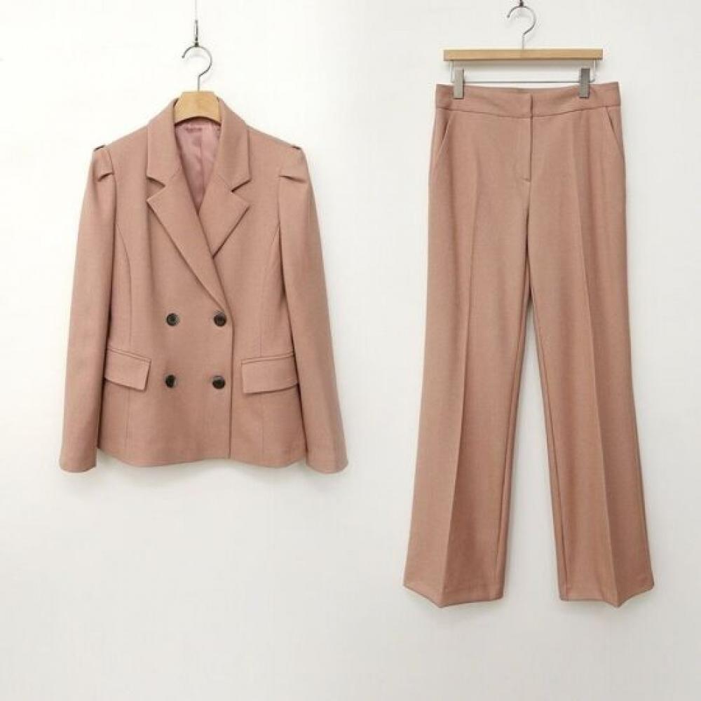 Style Latte Women Cropped Blazer Shirring Jacket Slacks Two Piece Setup