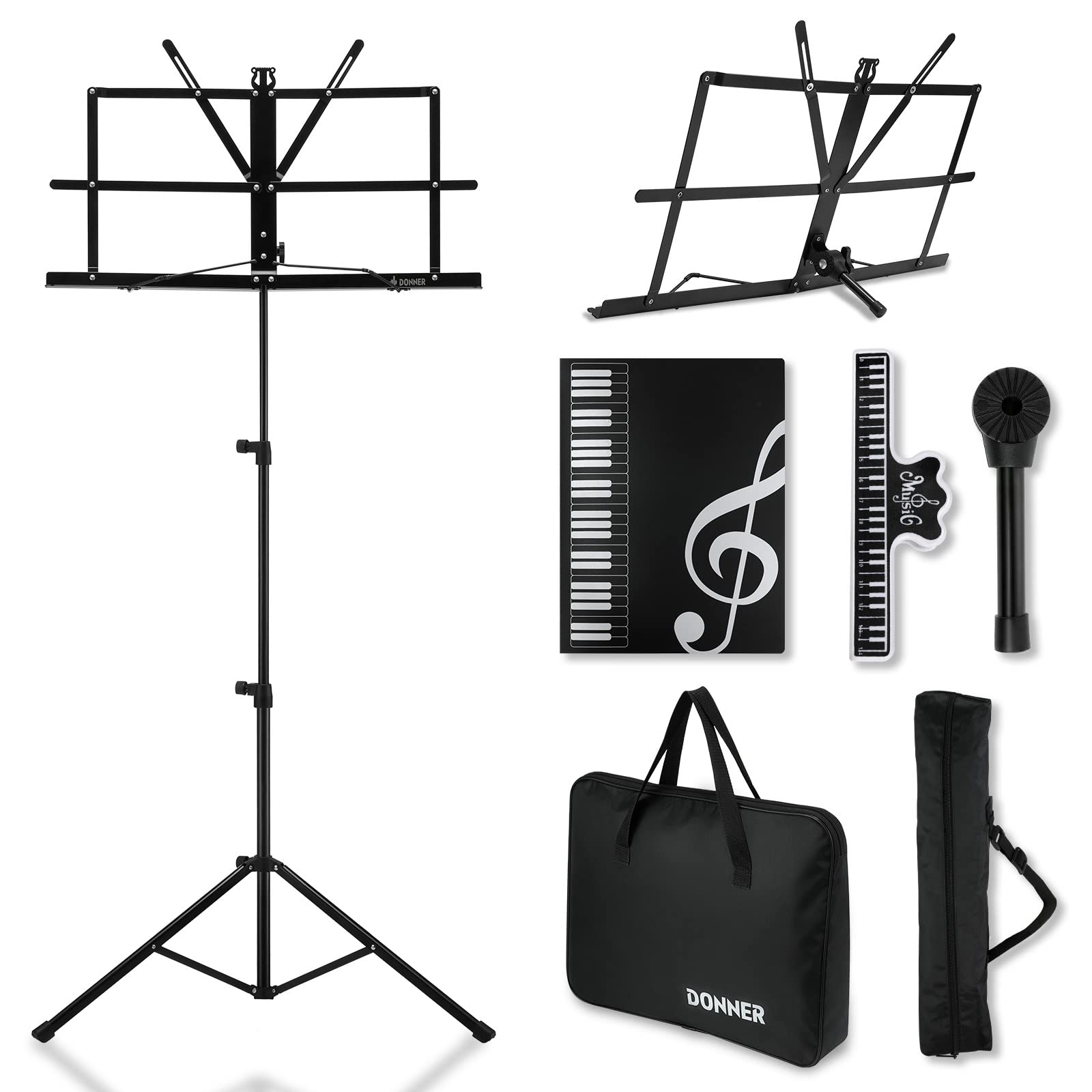 

Donner Lightweight Folding Music Stand with Music Clips and File, Stable Height Adjustable from 80cm to 135cm, Large Capacity Storage Case Included,