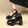 Women's Black Footwear on Heeled Shoes Woman New Elegant Vintage Lolita Mary Jane Shoes Black Round Toe High Heels Party Shoes
