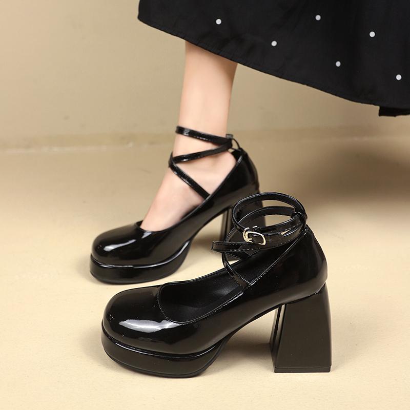 Women's Black Footwear on Heeled Shoes Woman New Elegant Vintage Lolita Mary Jane Shoes Black Round Toe High Heels Party Shoes