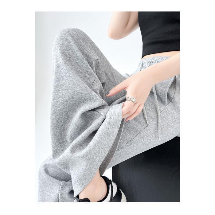 Pantalon de survêtement évasé noir taille haute pour femme - Printemps/Automne, Amincissant, Décontracté, Long jusqu'au sol avec cordon de serrage et drapé, Design en fer à cheval.