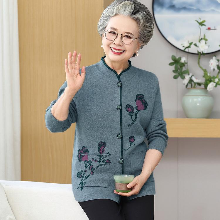 Thickened Velvet-added Mother Sweater, Sweater, Old Lady Cardigan, Autumn and Winter Coat, Middle-aged and Elderly Grandma Clothes, Winter Clothes