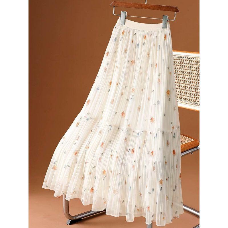 

Printed Elastic Waist Half Length Skirt Print Elastic Waist Half Body Long dress Women Apricot All yards