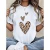 European Size Women's White Short Sleeve T-Shirt, Leopard Heart Graphic, Loose Fit Crew Neck, Lightweight Stretch Casual Summer Top