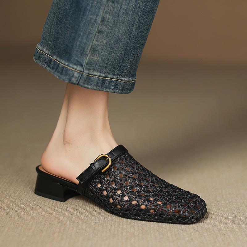 Sheepskin version~ 3cm thick heel slippers women's summer outer wear woven hollow breathable hole half drag fisherman sandals