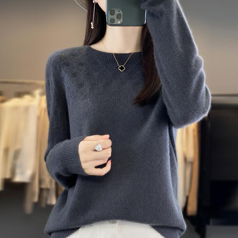 Women's Round Neck Sweater, Qinghe Cashmere, 30% Cashmere 70% Wool, Hollow Winter Knitted Pullover Autumn Sweater Cashmere Sweater