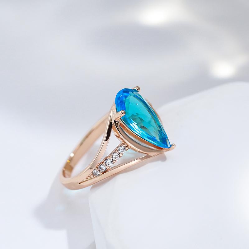 Luxury Blue Zircon Big Rings for Women Fashion Water Drop Gold Color Accessories Wedding Jewelry