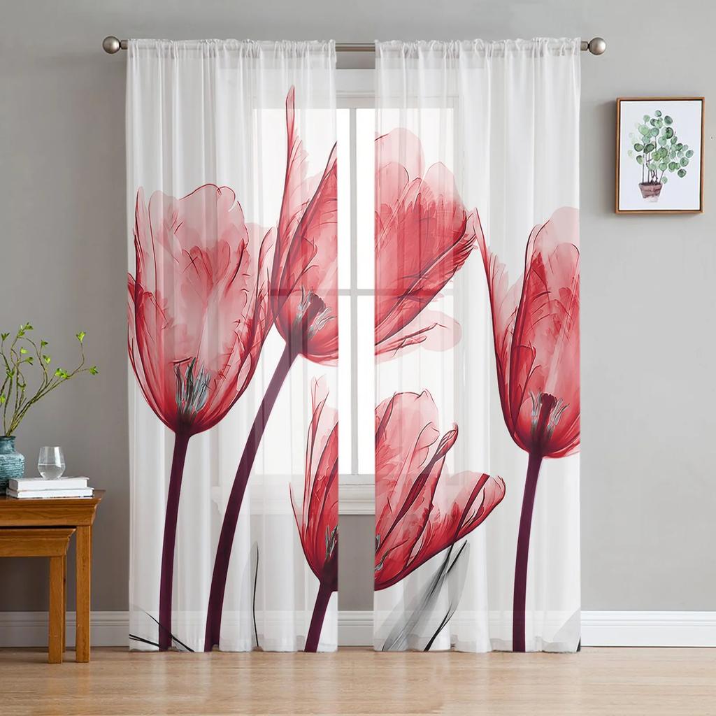 Spring Tulips Easter Mother Day Flowers Tulle Curtains Living Room Home Kitchen Decor Bedroom Window Drapes Light Filtering Made Of Polyester Sitting