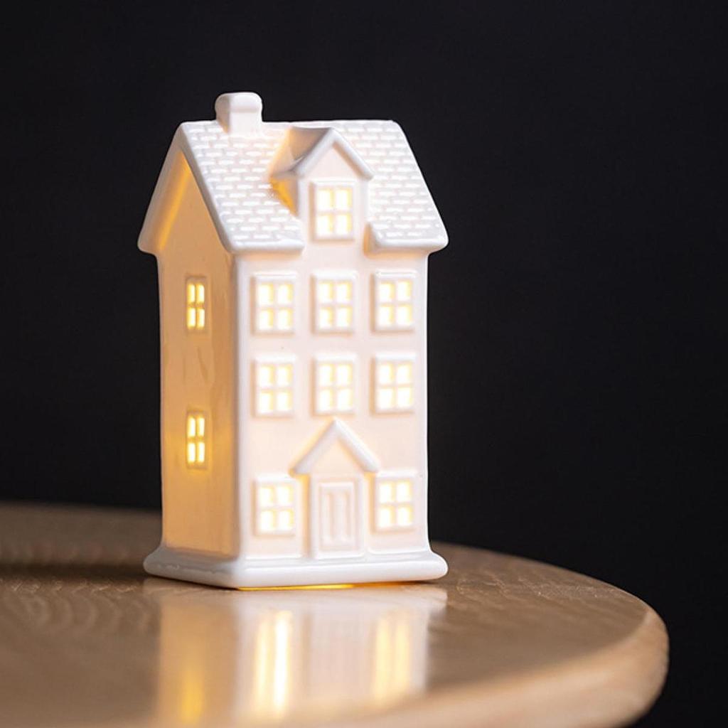 Ceramic Christmas Home Decorations Lighted Christmas House Figurine with Light Xmas Crafts Creative LED Hollow House