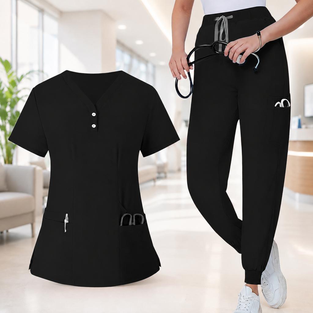 Set Uniforme da Lavoro da Donna - Top a Maniche Corte con Scollo a V ad Asciugatura Rapida con Tasche e Pantaloni Lunghi, Colore