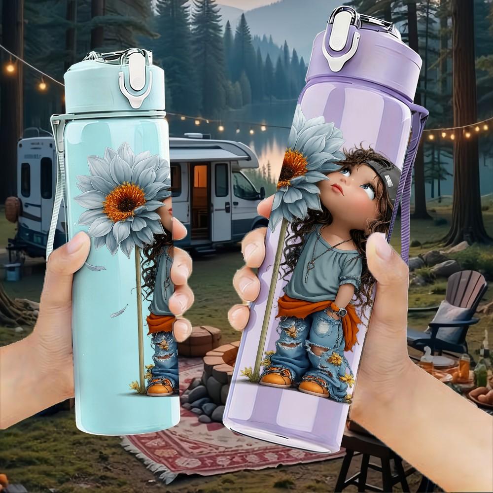 1PC Girl Hugging Big Sunflower Flower Print 750ml Color Plastic Sports Water Bottle Leakproof Flip Straw Lid Suitable for Sports Office Home Use