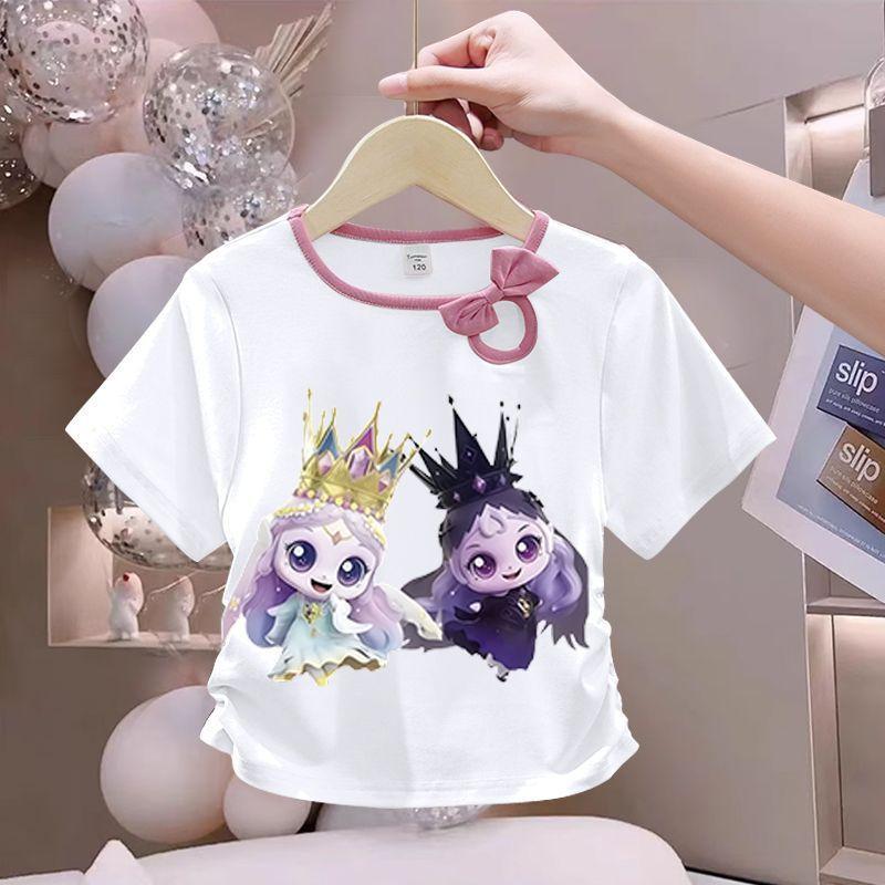 Girls' Cute Bowtie Top for Summer Children's Fashionable Round-neck Short-sleeved Pure Cotton T-shirt