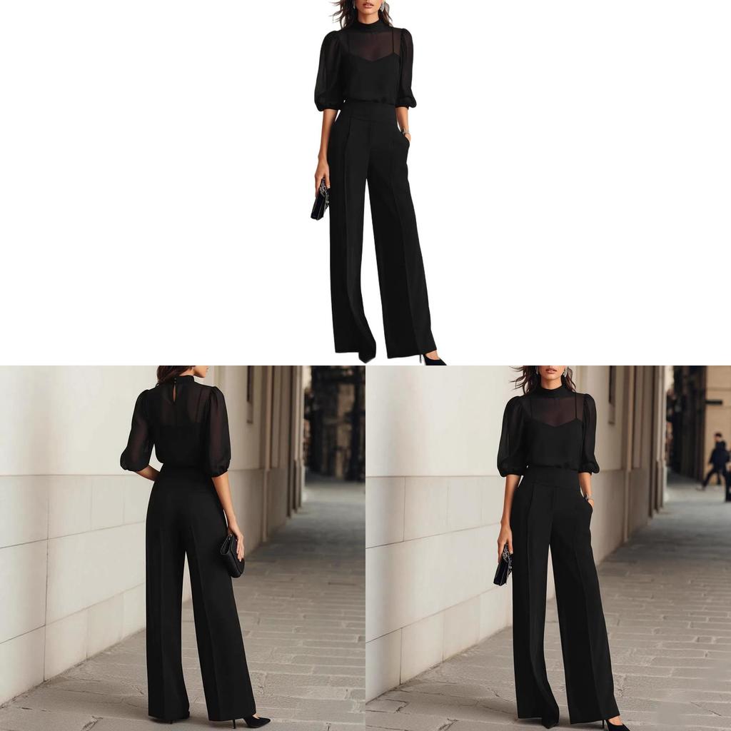 Summer Bamboo Leaf Print Chiffon Blouse And Wideleg Pants Set For Women