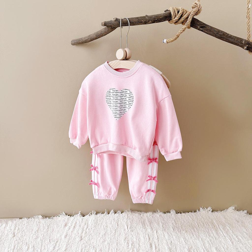 Children's Wear 2026 Spring/Autumn Heart Print Top & Bowknot Pants Girls' Set