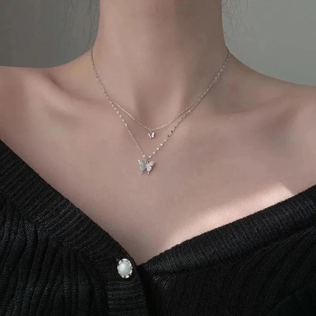 Double Layer Butterfly Necklace for Women, Lats Sparkling Collar Chain, Exquisite Jewelry, Banquet Party, Holiday Gift, 1