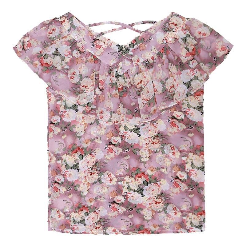 Office Lady Floral Printed Blouse Summer Straight Elegant V-Neck Women's Fashion Ruffles Spliced Short Sleeve Chiffon Shirt