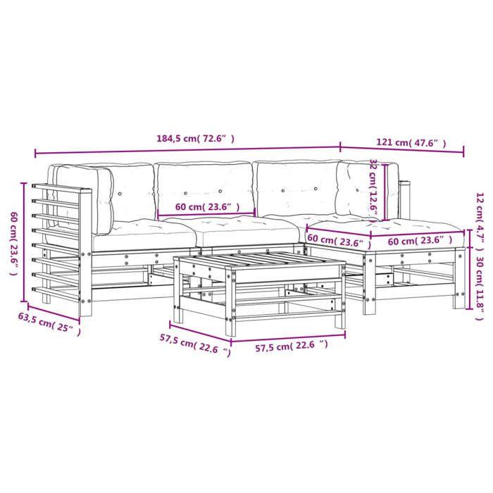 VidaXL Salon de Jardin avec Coussins 5 pcs, Canapé avec Dossier et Accoudoir, Ensemble de Meubles avec Table Basse Patio 3185807