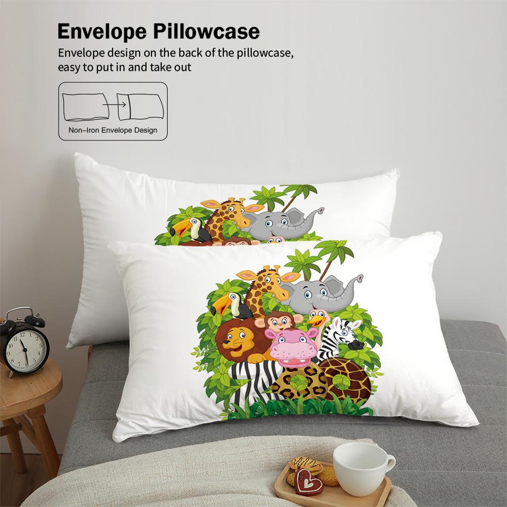 Zoo Duvet Cover Giraffe Lion Elephant Pattern Three-Piece Bedding Set