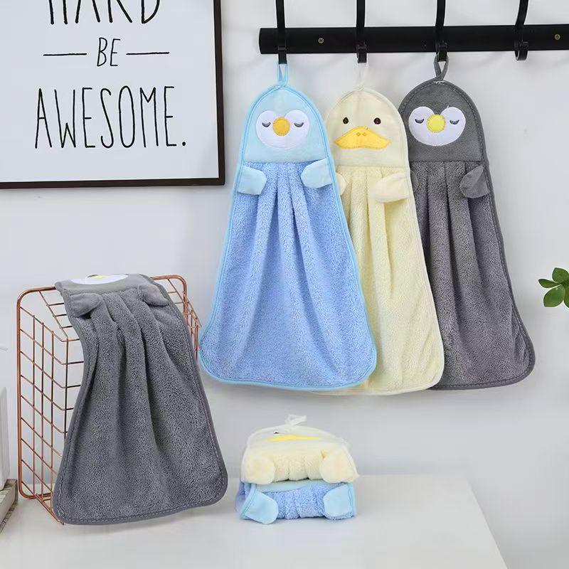 Penguin Coral Fleece Hanging Hand Towel - Absorbent & Soft for Kitchen or Bathroom Use