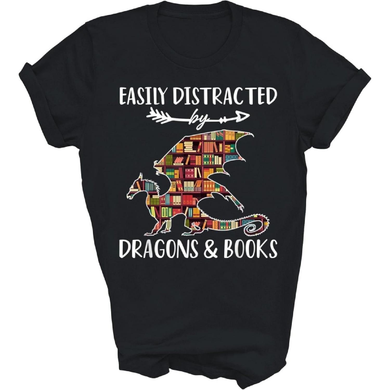 Lunar Zone Easily Distracted by Dragon and Books Nerd Geek Bookworm Reading Reader (1) Unisex Shirt Gift T-Shirt (Black;M) XXXXXL разноцветный