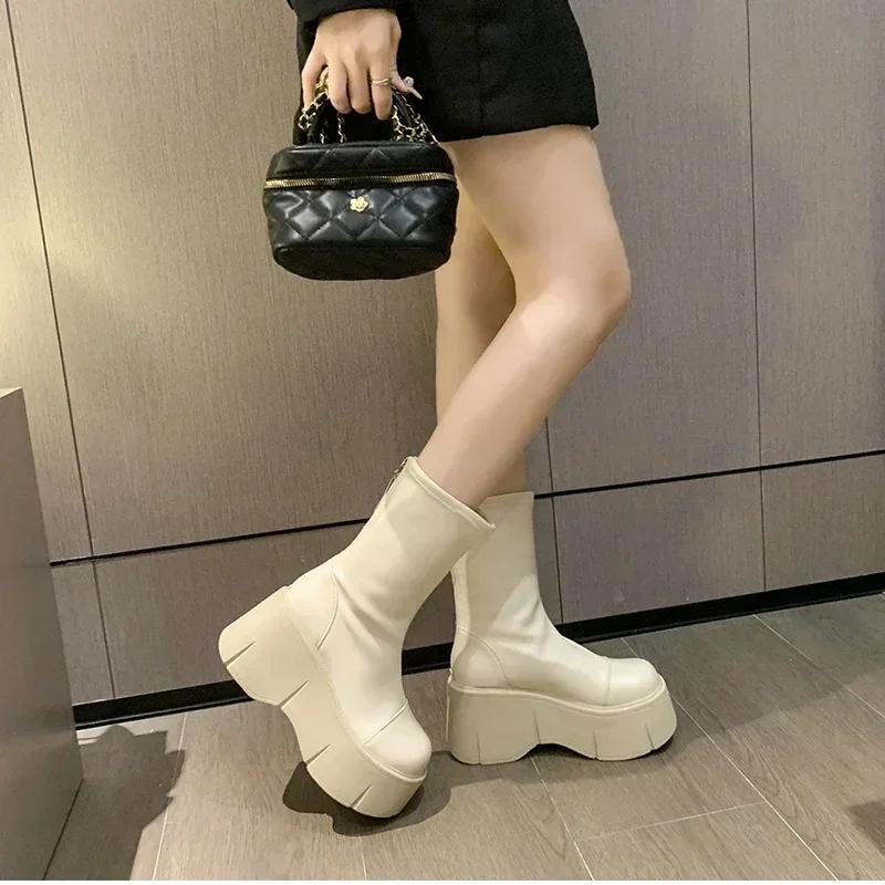 New Fashion Back Zippers Short Boot Female High Platform Thick Bottom Ladies Elegant Ankle Booties Punk Boots for Women 34