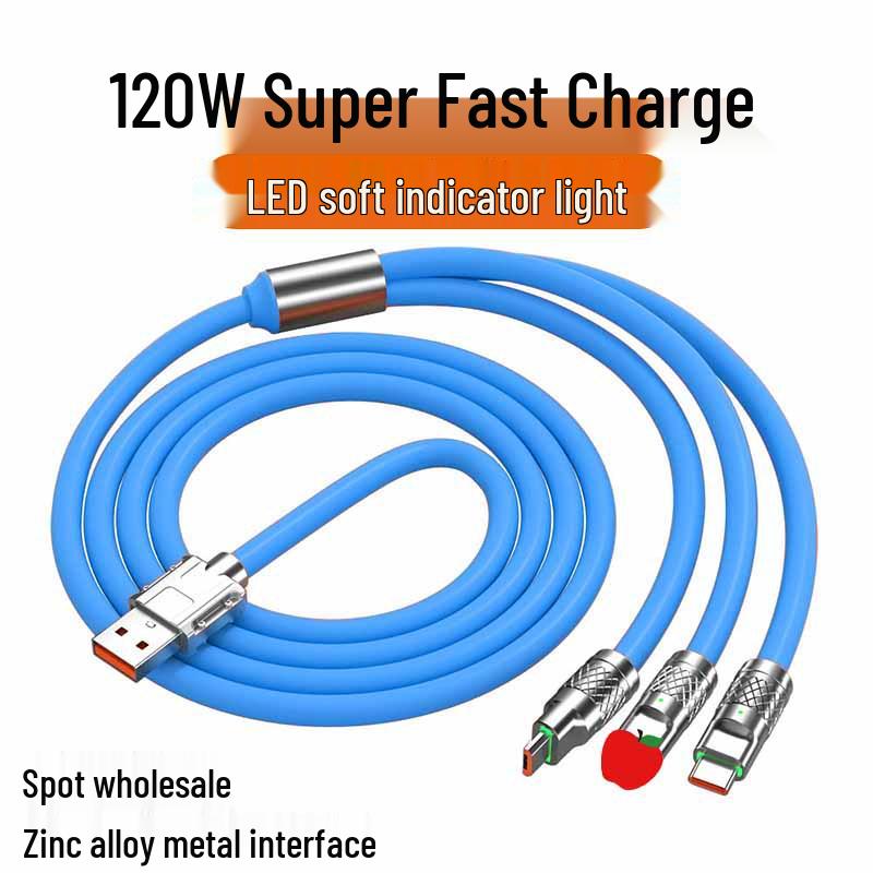 100W Transparent 3-in-1 Fast Charging Cable for Apple, Huawei, and Type-C Devices, 6A Super Speed