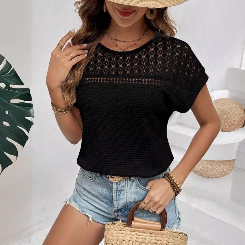 Fashion Round Neck Summer Lace Blouses New Short Sleeve Hollow Out Loose Shirts Women Elegant Breathable Vintage Women Casual Solid Ladies Tops 3493