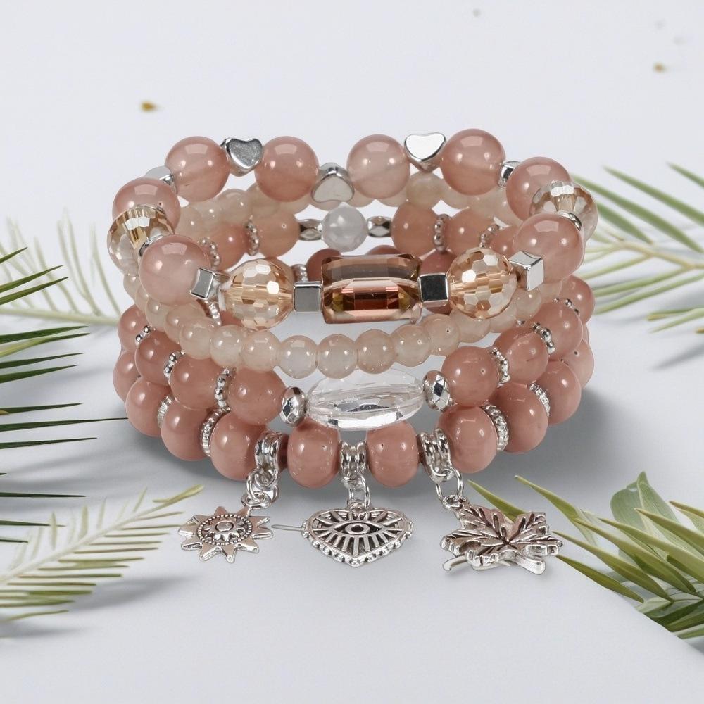 Bohemian Beaded Bracelet Set with Hollow Heart and Leaf Pendants