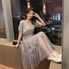 Fake Two-piece Dress Female Summer New Temperament Fairy Skirt Sequined Medium and Long Mesh Skirt Women's Clothing