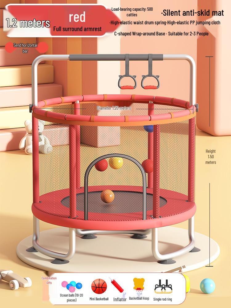Indoor Children s Trampoline with Safety Net, Anti-Rollover Silent Bouncing Bed for Toddlers