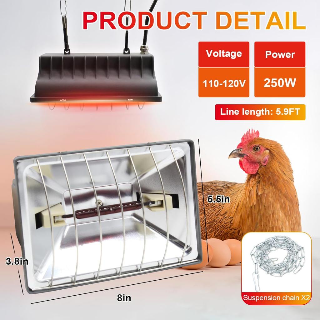 Chicken Coop Heat Lamp 250W Chicken Coop Heater Temperature Adjustable Chicken Brooder Heat Lamp Chicken Heaters for Chick Kitten Puppy Pets (250W-)