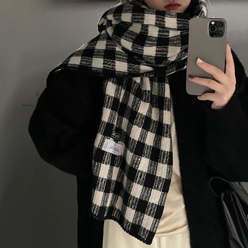 Winter Thickened Green Retro Plaid Scarf Women's Korean Style Student Shawl Warm Neck Warmer