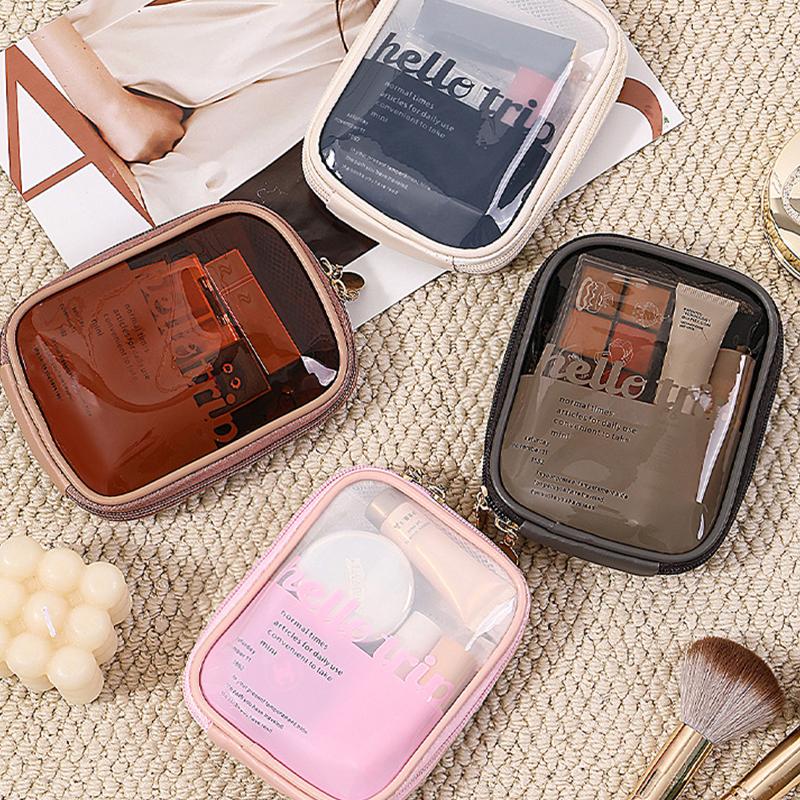 Mini Clear Travel Makeup Organizer Bag Small Cute Preppy Makeup Bag Cosmetic Zipper Toiletry Storage Clutch Coin Pouch For Women