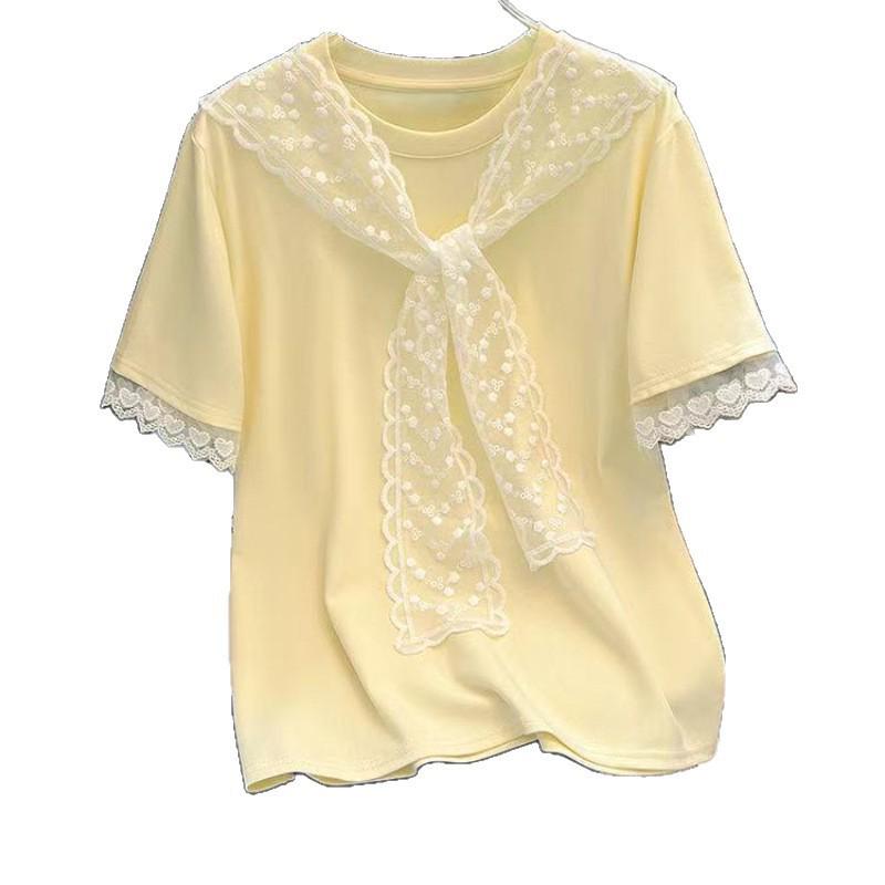 Women's Plus Size Doll Collar Lace-Up Short Sleeve T-shirt - 2025 Summer Slimming Fashion Top