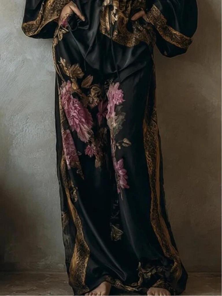 Spring/Summer 2026 Retro Print Deep V Tie-up Top & Wide-leg Pants Two-piece Set for Women