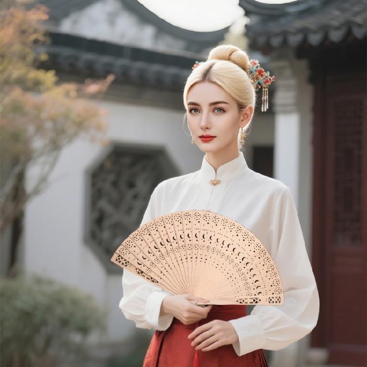 Wooden Hand Fan Hollowed Carved Wood Fan Decorative Hand Fan,Vintage Foldable Chinese Fan Photography Props for Womens