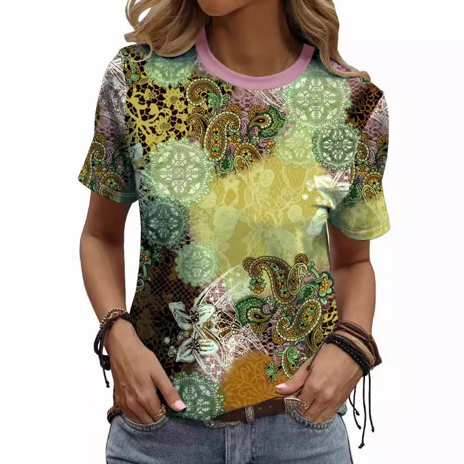 Summer Round Neck 3D Ethnic Style Print Top Fashionable Casual Short Sleeved Women's T-shirts