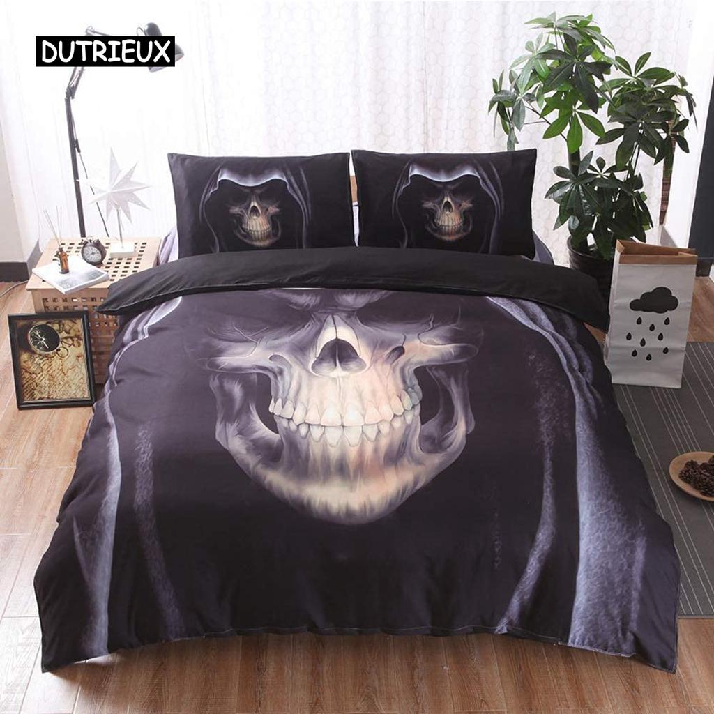 Skull Duvet Cover Set Queen 3 Pcs Black Halloween Bedding Soft Microfiber Comforter Cover Set Beauty Pattern Decor
