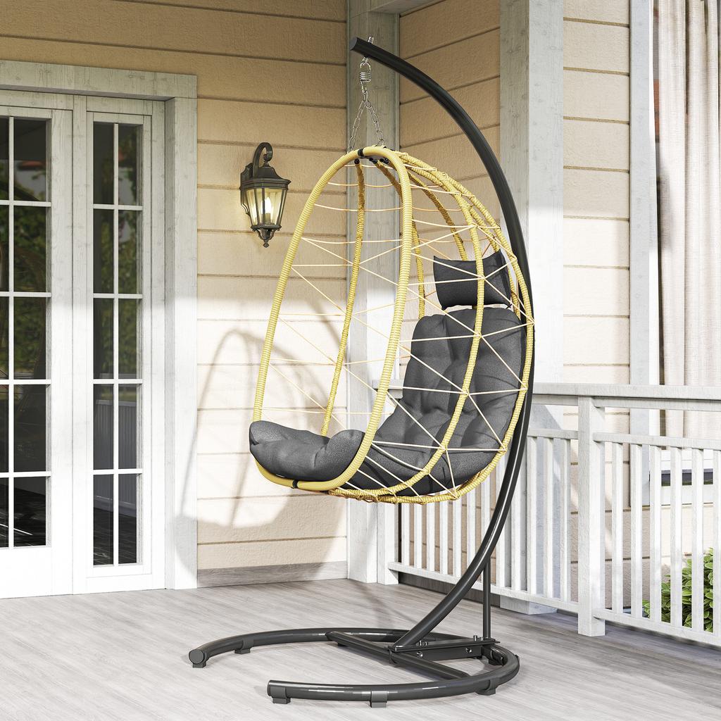 Hanging and Foldable Armchair with Cushions, in Steel and PE Rattan, 102x102x195 cm, Black Grey and Beige